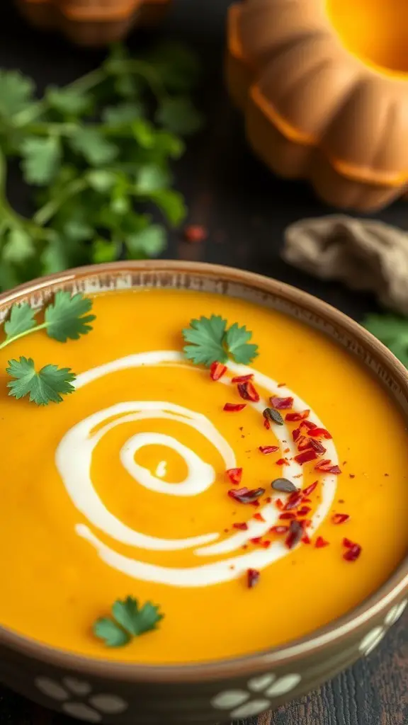 A bowl of spicy butternut squash soup garnished with cream, chili flakes, and cilantro.