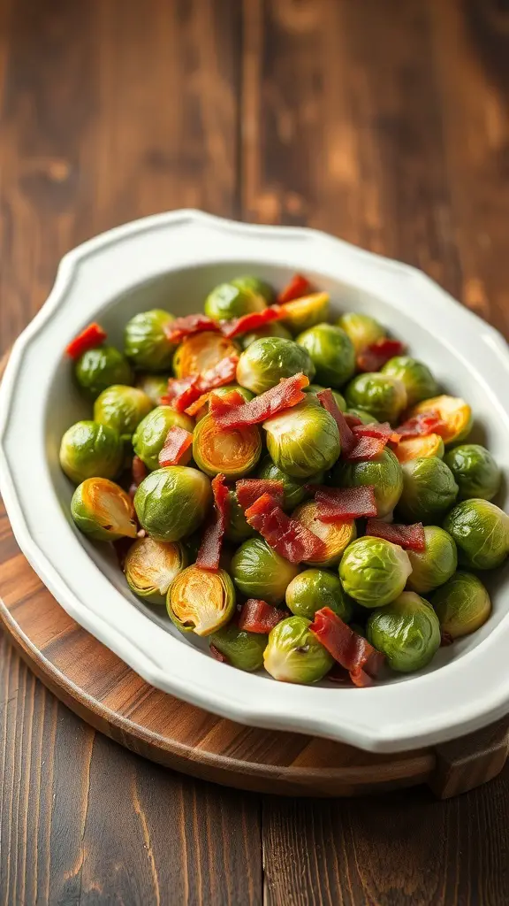 A dish of roasted Brussels sprouts with crispy bacon on a wooden table.