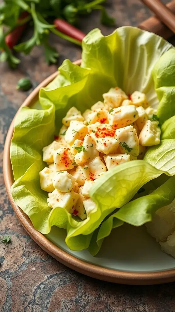 Egg salad in lettuce wraps on a plate