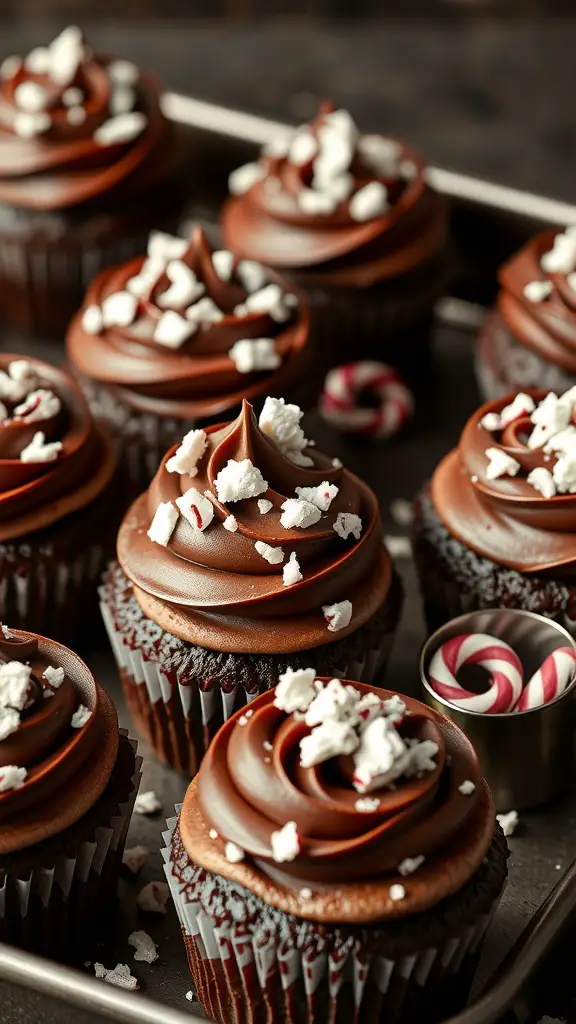 A tray of peppermint mocha cupcakes topped with chocolate frosting and crushed peppermint.