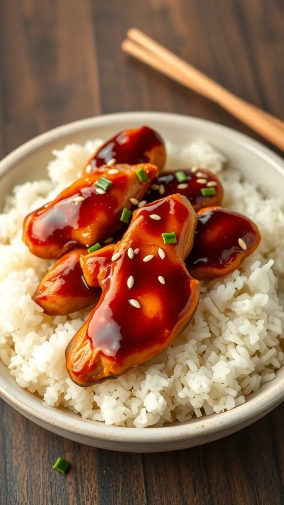 Baked chicken tenderloins with teriyaki sauce served over rice