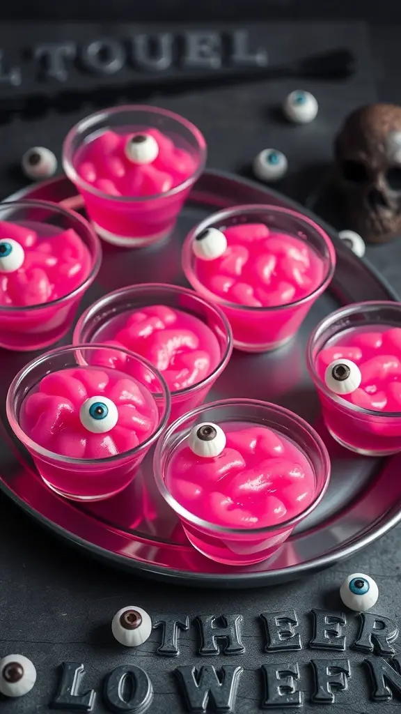 Colorful brain-shaped jello shots with candy eyeballs on a tray