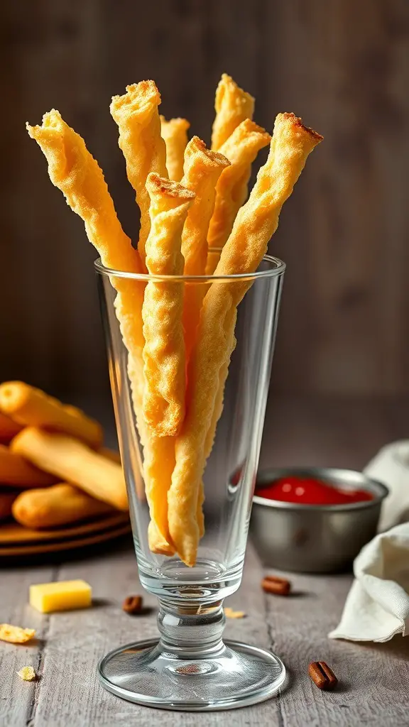 A glass filled with crispy cheese straws, with some on a plate and a small bowl of ketchup nearby.