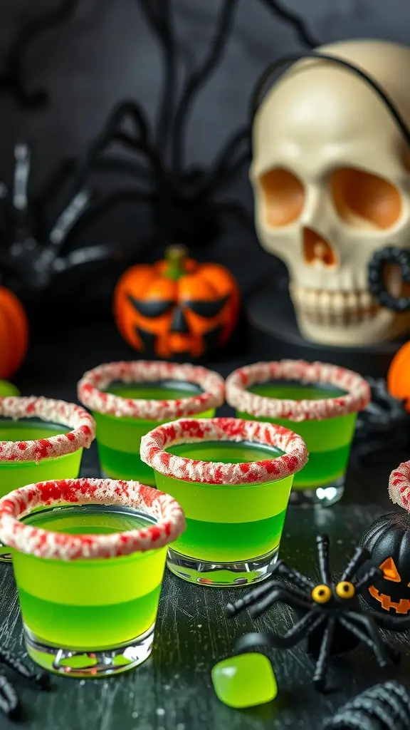 Ghoulish green apple jello shots with red candy rims, surrounded by Halloween decorations.