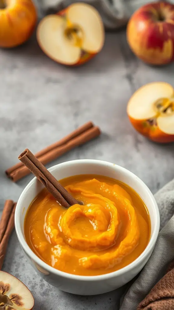 A bowl of butternut squash and apple puree with cinnamon sticks and fresh apples around it.