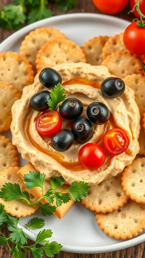 A plate of hummus topped with cherry tomatoes and olives, surrounded by Triscuit crackers and garnished with cilantro.