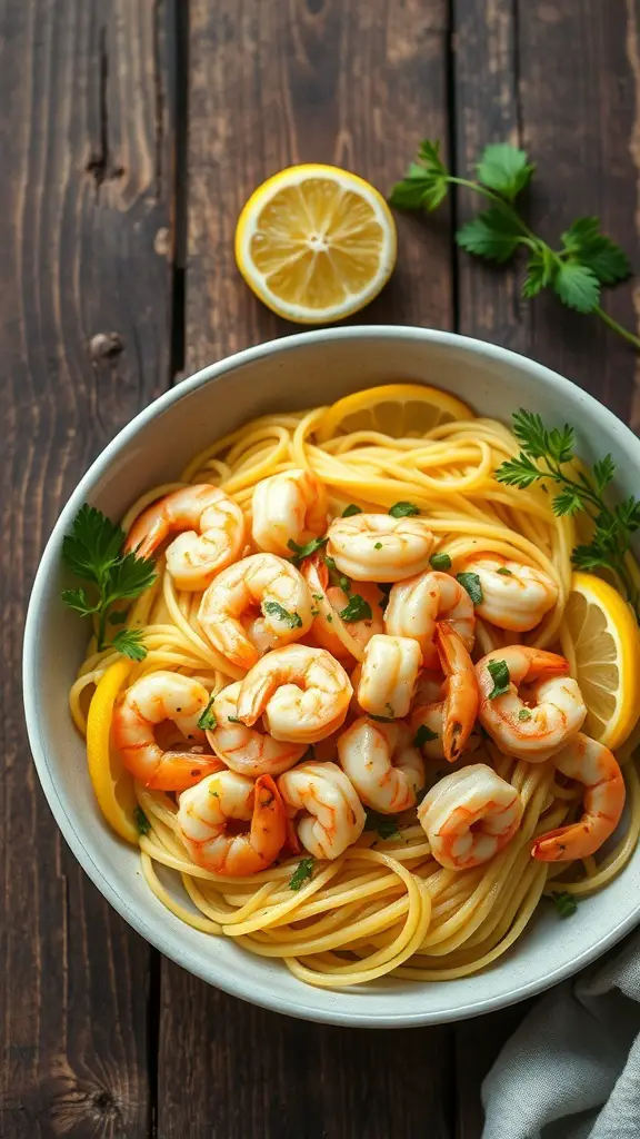 A bowl of Lemon Garlic Shrimp Fettuccine with shrimp, fettuccine pasta, lemon slices, and parsley on a wooden table.