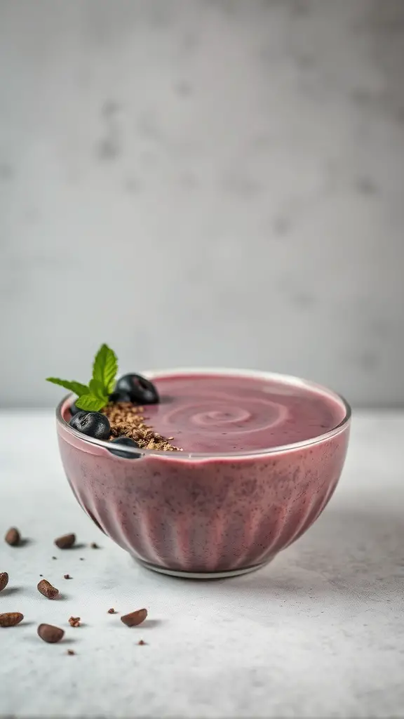 A beautifully presented acai bowl topped with chia seeds, blueberries, and a mint leaf.
