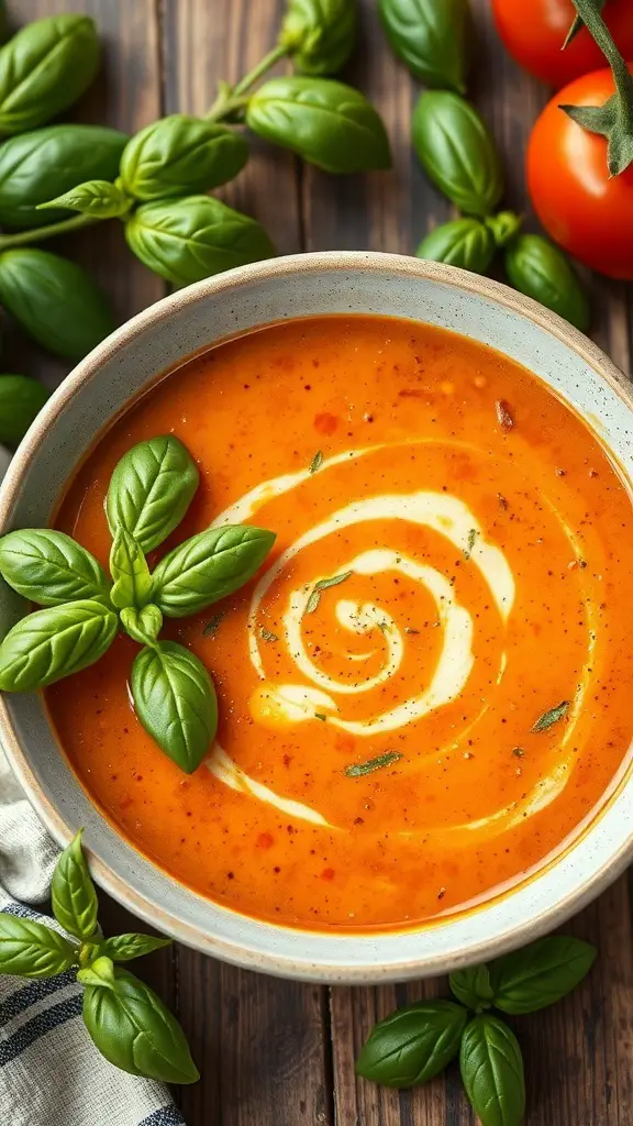 A bowl of creamy tomato basil soup garnished with fresh basil leaves, surrounded by tomatoes and basil on a wooden table.