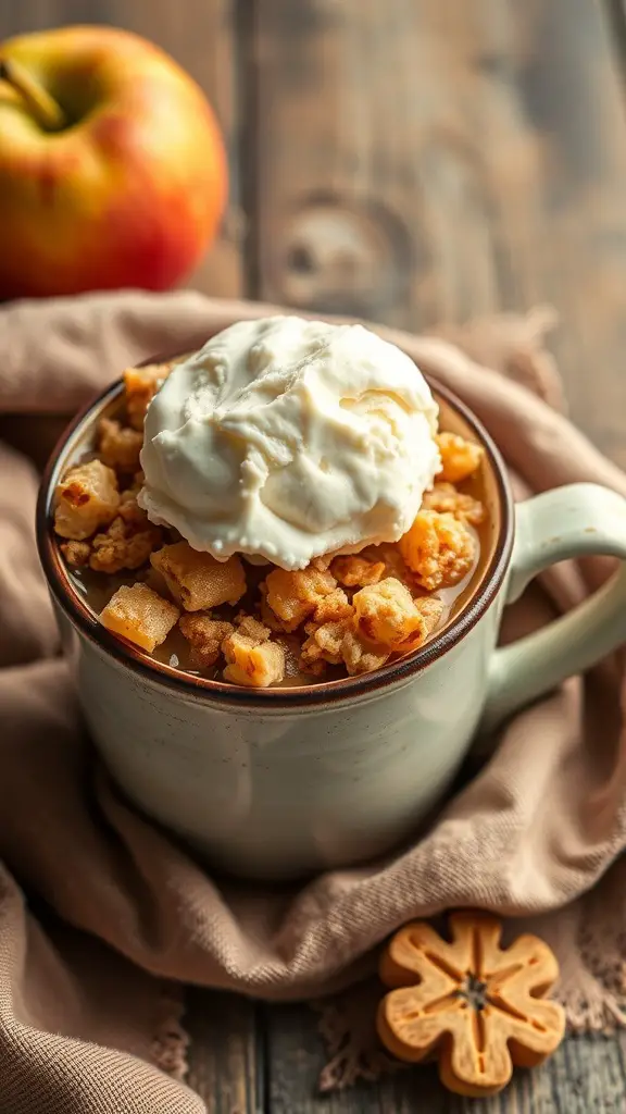 A mug filled with apple crisp topped with ice cream, with a fresh apple beside it.