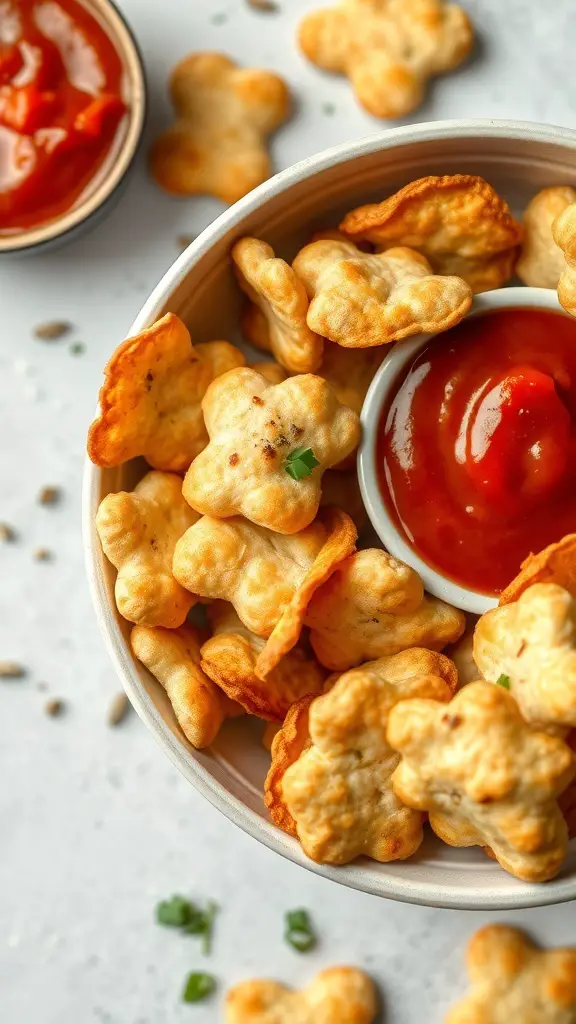 A bowl of crispy biscuit chips shaped like flowers with a side of dipping sauce.