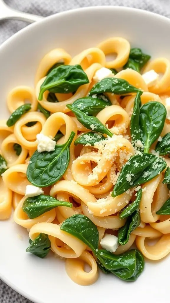 A bowl of fusilli pasta with spinach and ricotta cheese, garnished with Parmesan.