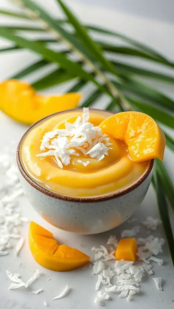 A bowl of coconut and mango puree topped with shredded coconut and mango slices, surrounded by tropical leaves.