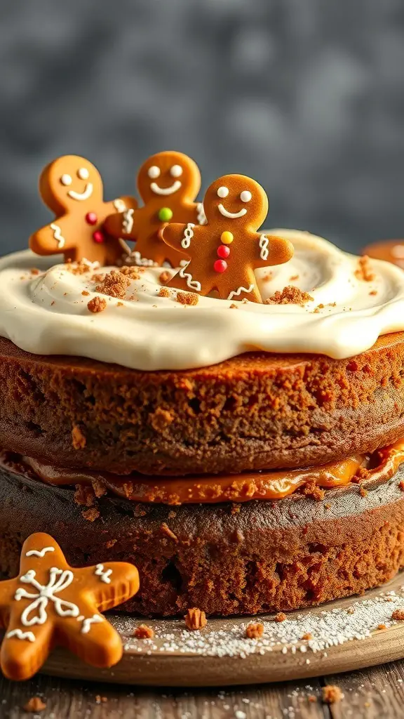 A gingerbread cake with cream cheese frosting, decorated with gingerbread cookies.