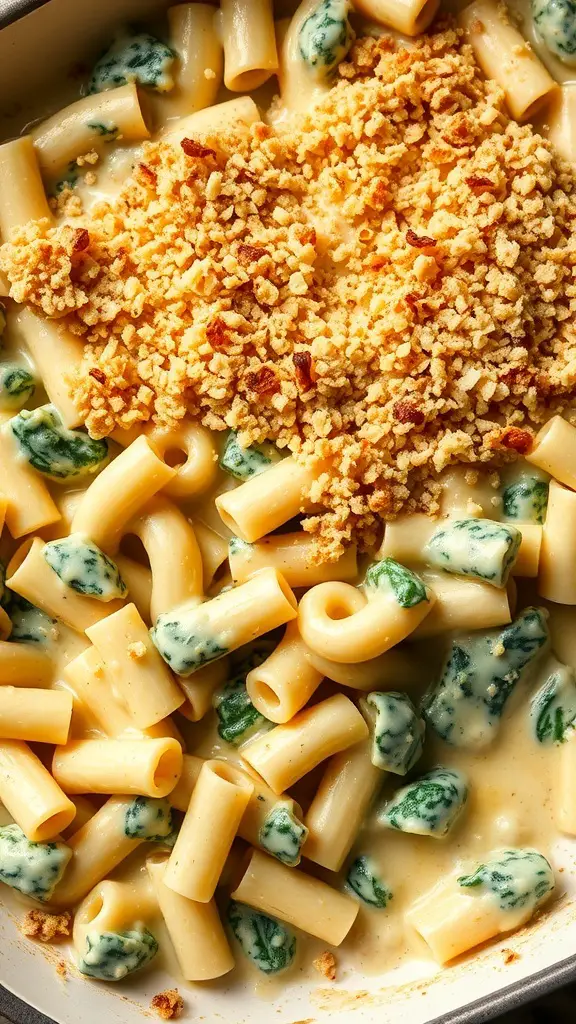 Creamy spinach and artichoke macaroni topped with breadcrumbs
