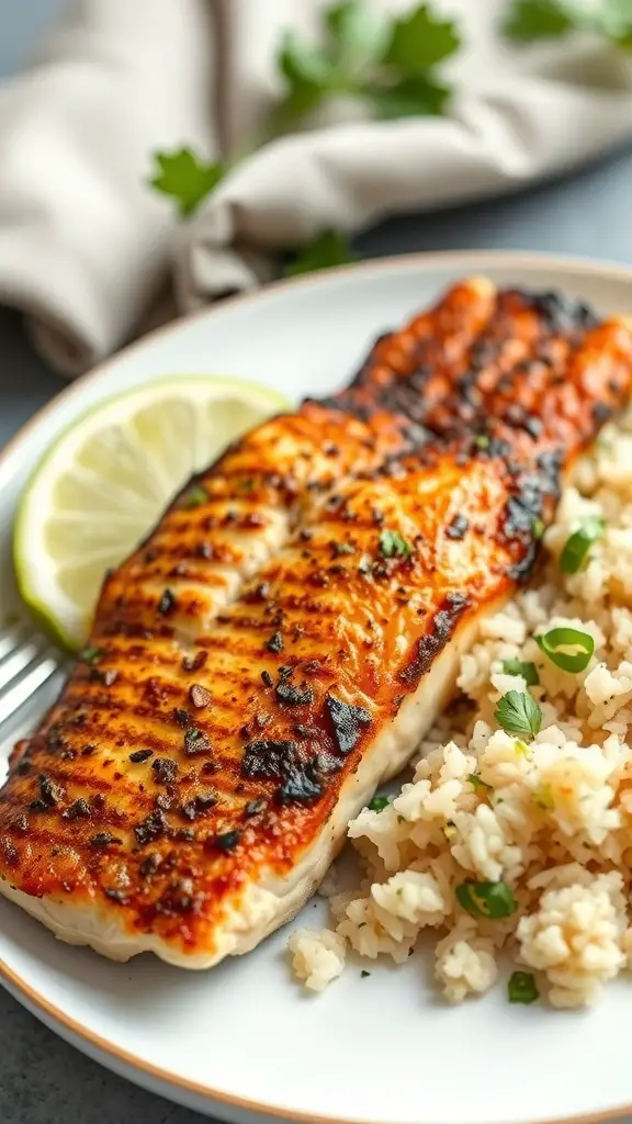 A plate of blackened tilapia with cilantro lime rice, garnished with lime and cilantro.