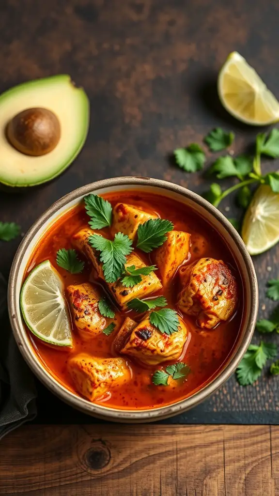 A bowl of Smoky Chipotle Chicken Soup with chicken pieces, cilantro, lime wedges, and an avocado half on the side.