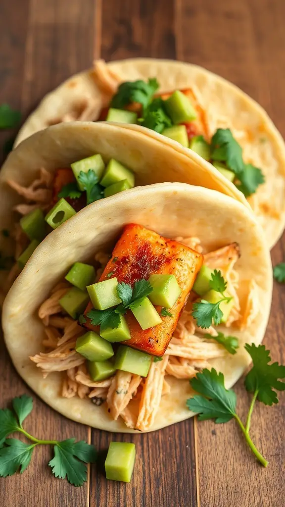Salmon tacos with avocado salsa and fresh toppings