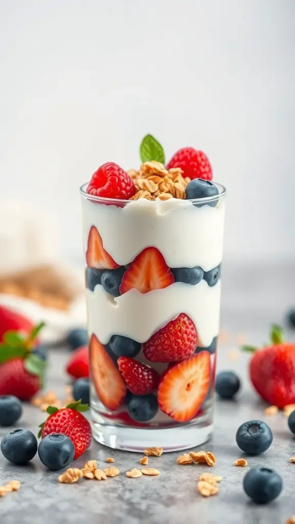 A colorful fruit and yogurt parfait with layers of yogurt, strawberries, blueberries, and granola.