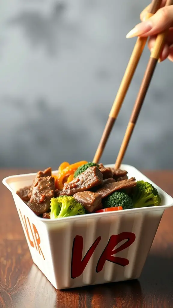 A bowl of beef and broccoli stir-fry with chopsticks