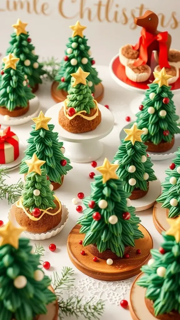 A festive display of Little Debbie Christmas Tree Cakes decorated with green frosting and colorful ornaments.