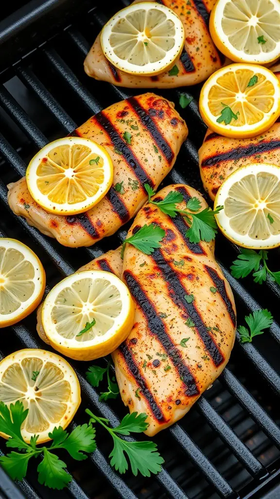 Grilled chicken tenderloins with lemon slices and herbs on a grill.
