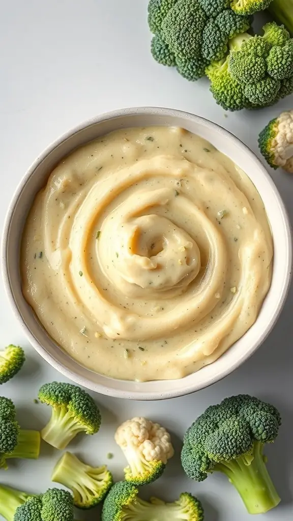 A creamy broccoli and cauliflower puree in a bowl, surrounded by fresh broccoli and cauliflower florets.