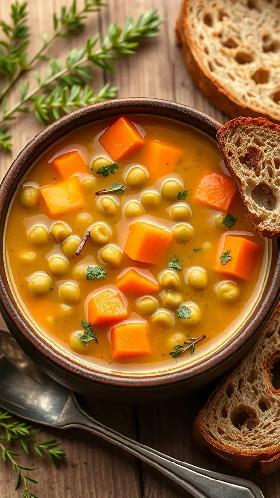 A bowl of split pea soup with carrots, garnished with herbs, next to a slice of bread.