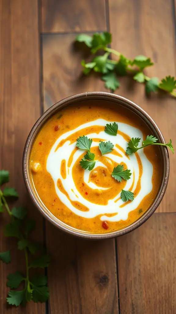 A bowl of Curried Cauliflower and Lentil Soup garnished with cilantro and cream.
