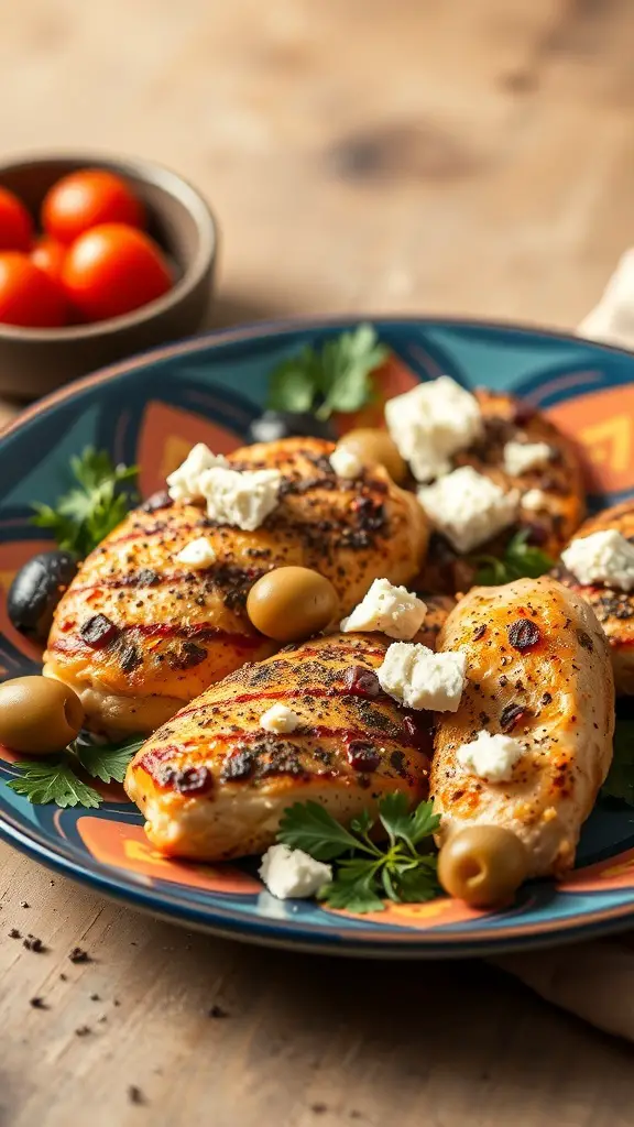 Mediterranean baked chicken tenderloins garnished with feta cheese and olives on a colorful plate