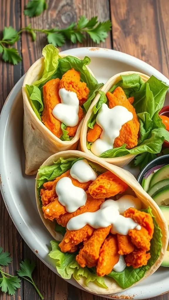 Three buffalo chicken wraps filled with lettuce and drizzled with dressing on a plate.