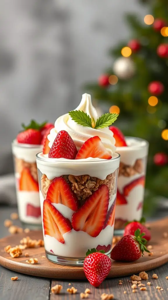 Delicious Santa Hat Yogurt Parfaits with strawberries and whipped cream