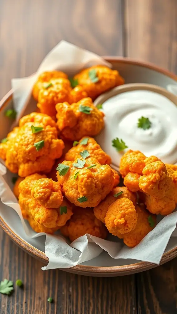 A bowl of buffalo cauliflower bites with a side of dipping sauce