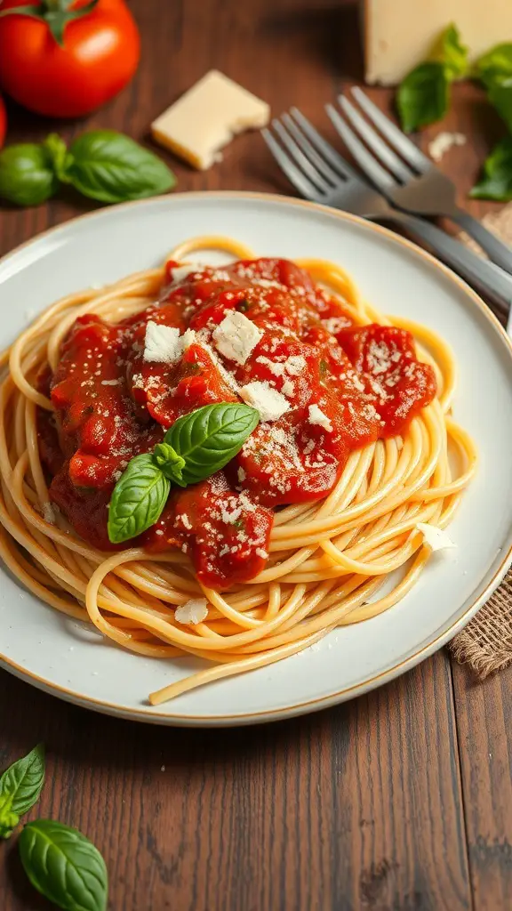 A plate of spaghetti with marinara sauce, garnished with basil and cheese, on a wooden table.
