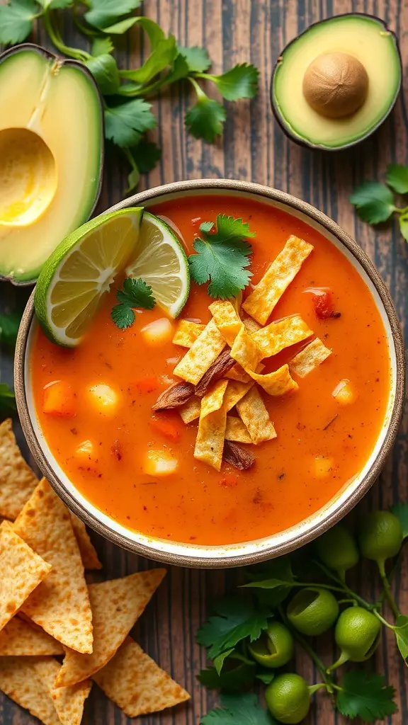 A bowl of zesty tortilla soup garnished with lime, cilantro, and tortilla strips, surrounded by avocado and tortilla chips.