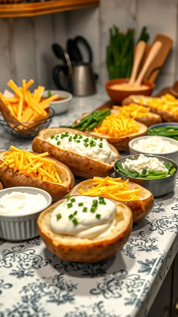 A variety of toppings for a baked potato bar including cheese, sour cream, and green onions.