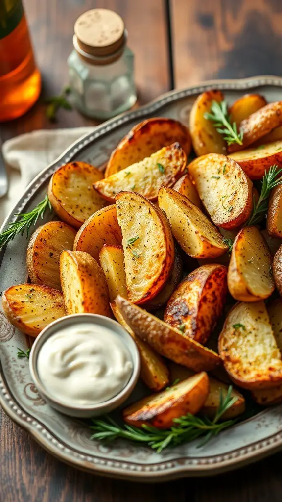 A platter of herbed potato wedges served with a creamy dip.
