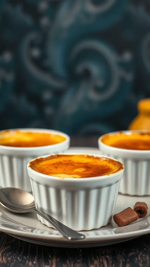 Three ramekins of creme brulee with a caramelized top on a plate