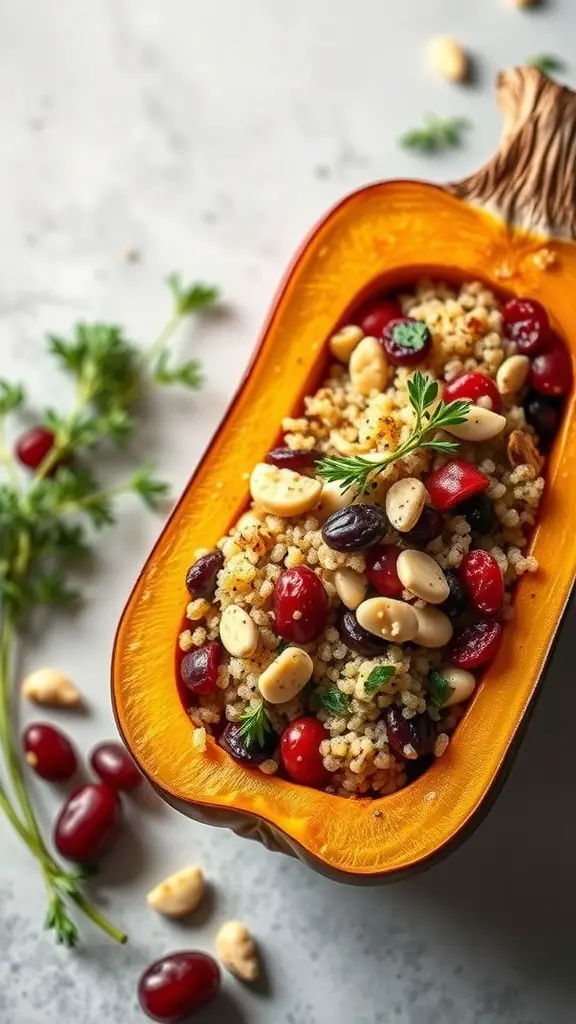 A halved butternut squash filled with quinoa, beans, and nuts, garnished with fresh herbs.