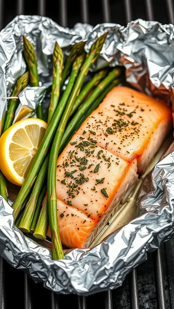 Salmon and asparagus in a foil pack with lemon slices