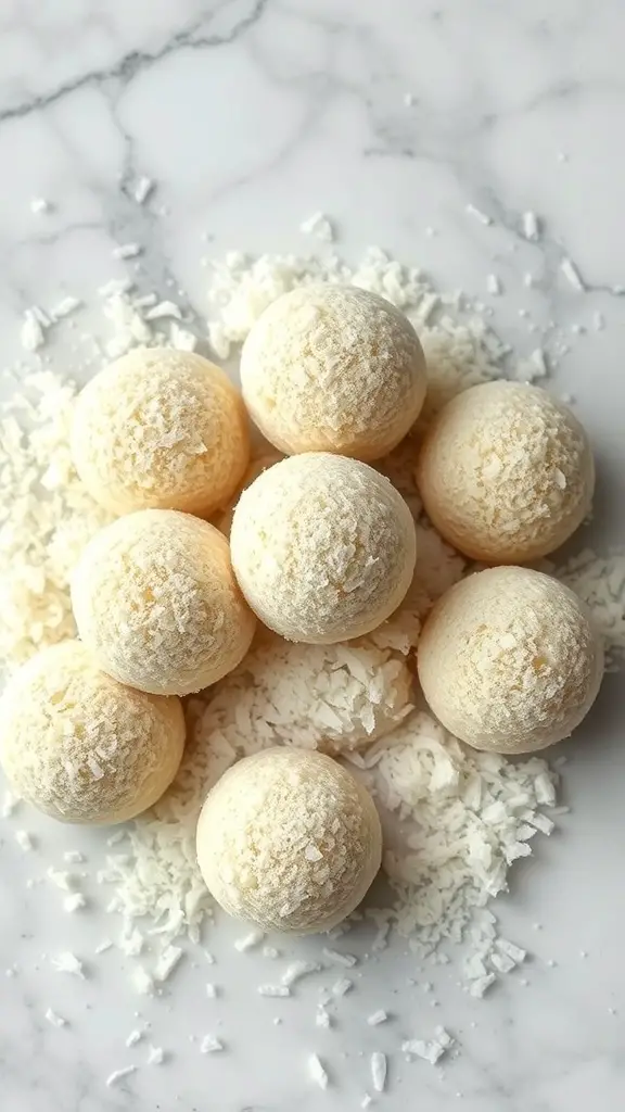 A close-up of lemon coconut energy balls arranged on a marble surface, surrounded by shredded coconut.