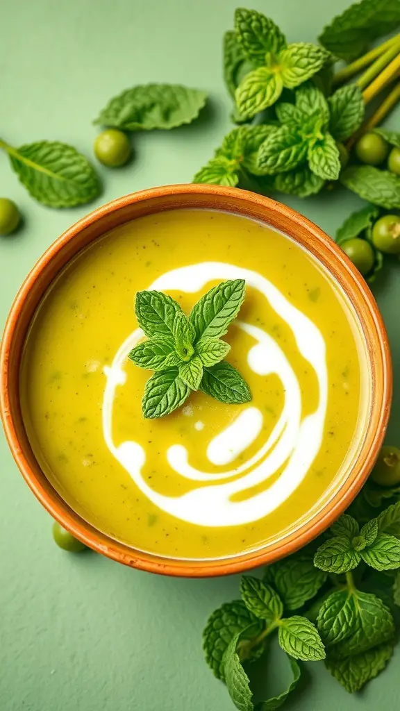 A bowl of creamy pea and mint soup garnished with mint leaves, surrounded by fresh mint and peas.
