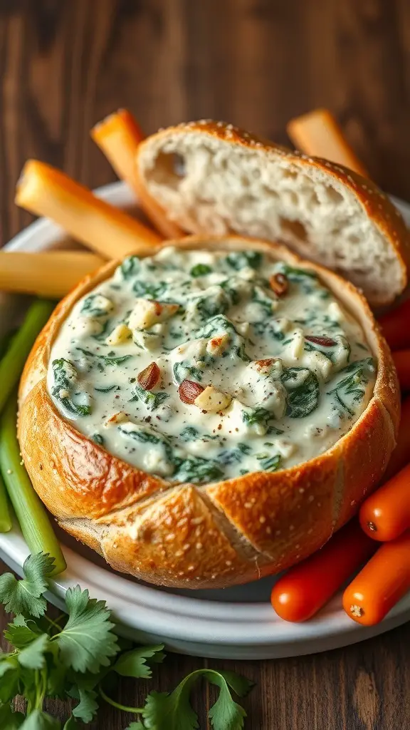 A bowl of spinach and artichoke dip in a bread bowl, surrounded by fresh vegetables.