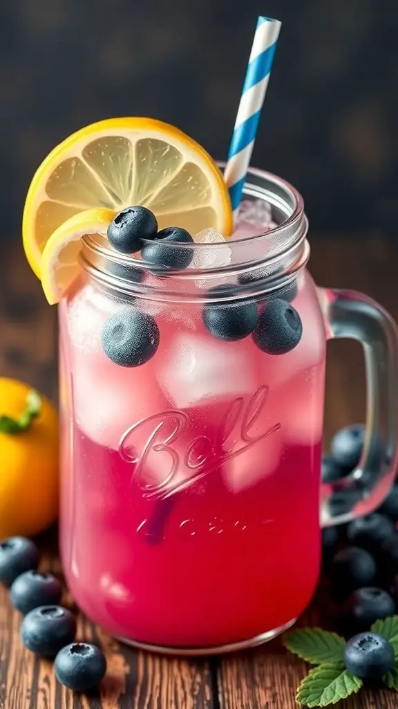 A refreshing glass of Frosty Blueberry Lemonade with ice, blueberries, and a lemon slice, served with a striped straw.