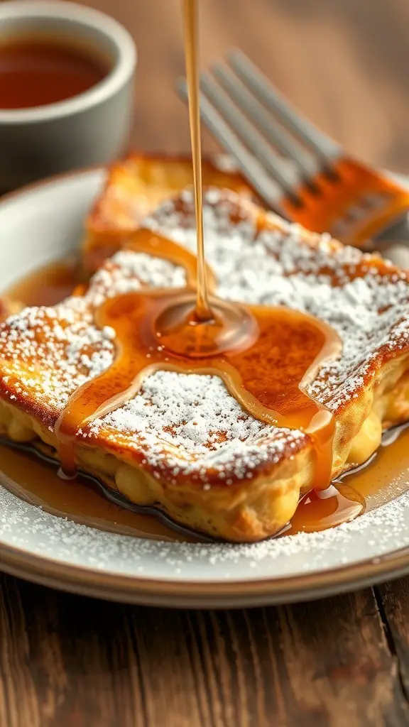 A slice of French toast casserole drizzled with syrup and dusted with powdered sugar, served on a plate with a fork and a small bowl of syrup.