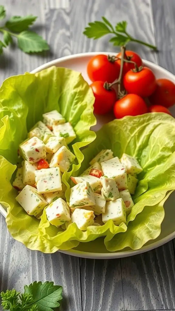 Egg salad in lettuce wraps with cherry tomatoes on the side