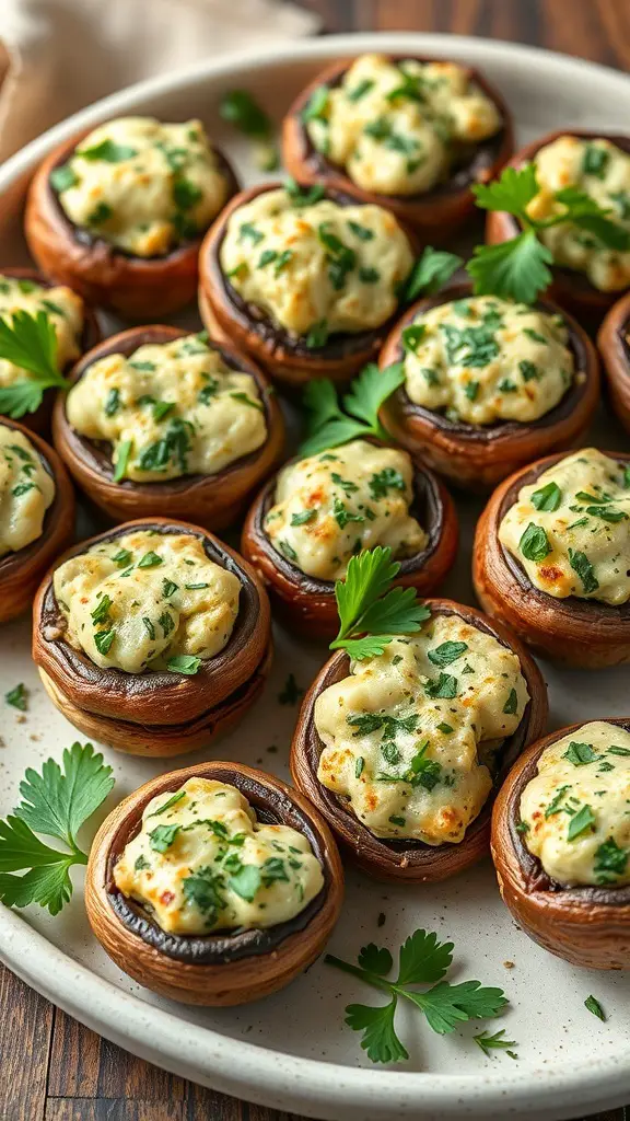 A platter of stuffed mushrooms topped with herbs.