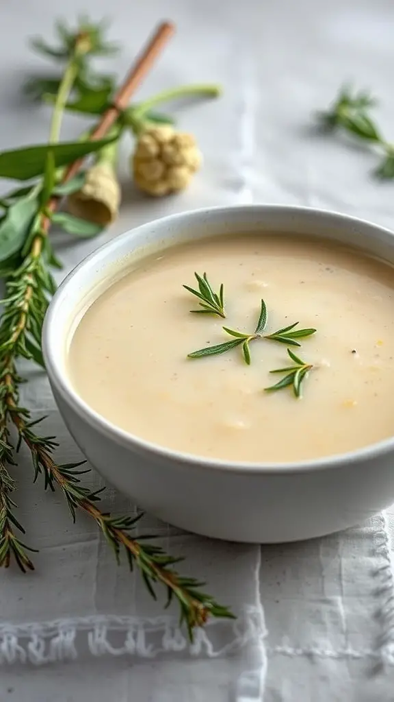 A bowl of creamy herbed cauliflower soup garnished with fresh herbs.