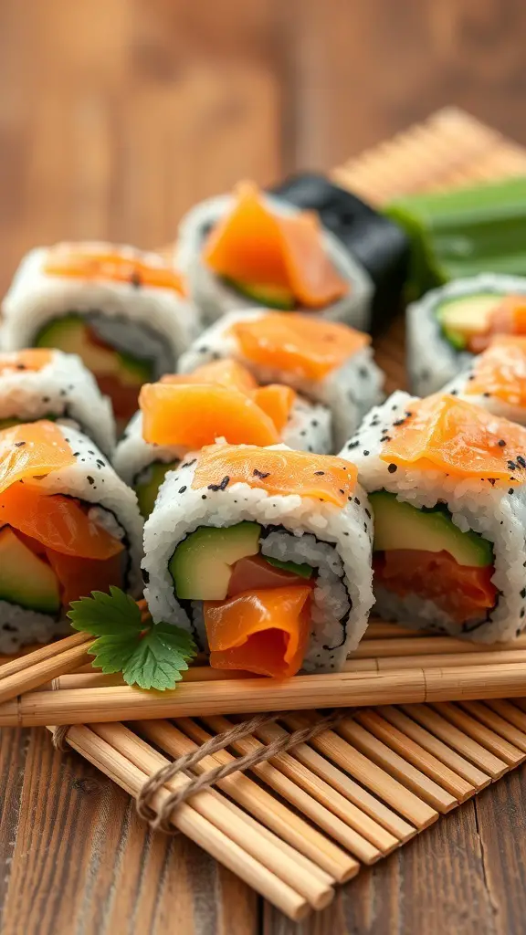 A close-up of smoked salmon sushi rolls on a bamboo mat with chopsticks.