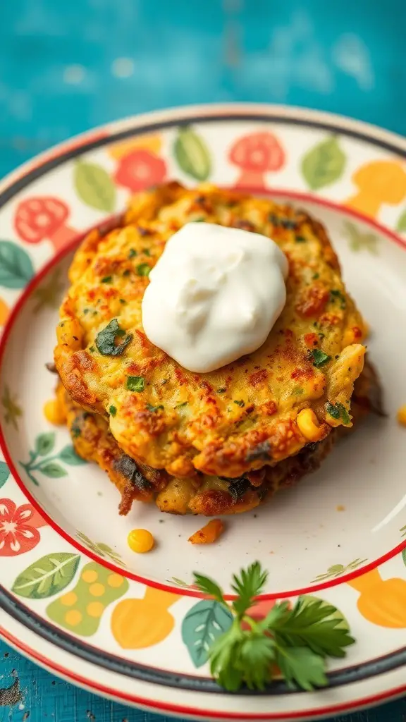 A plate of zucchini and corn fritters topped with sour cream, garnished with cilantro.